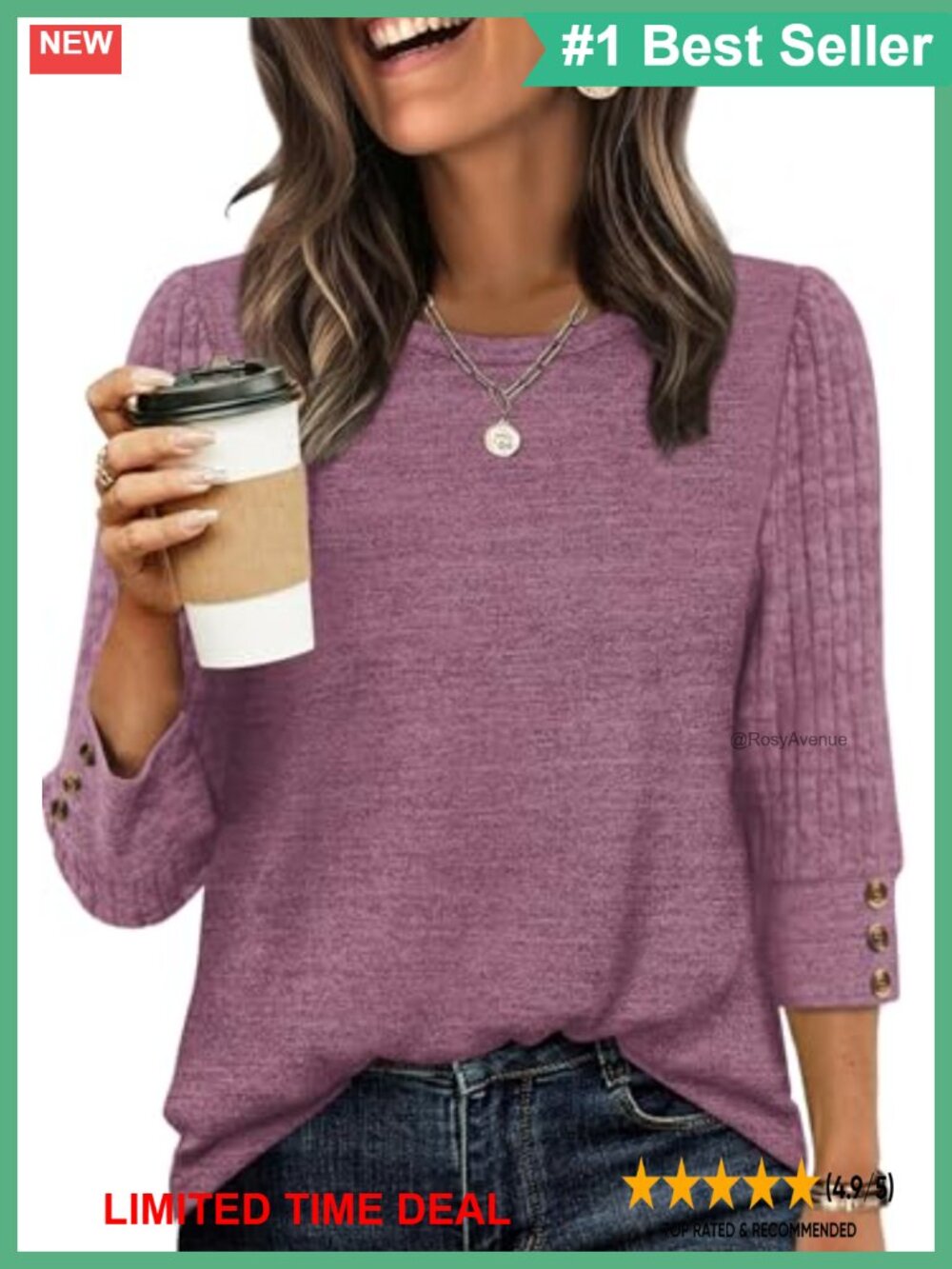 Womens 3/4 Sleeve Button Tunic Top Lightweight Sweater Blouse